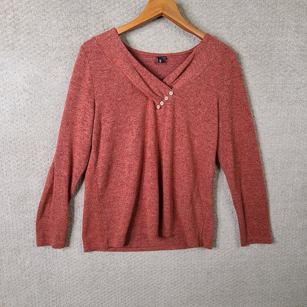 Automet Top Womens Large Orange Long Sleeve V Neck Button Detail Casual Knit